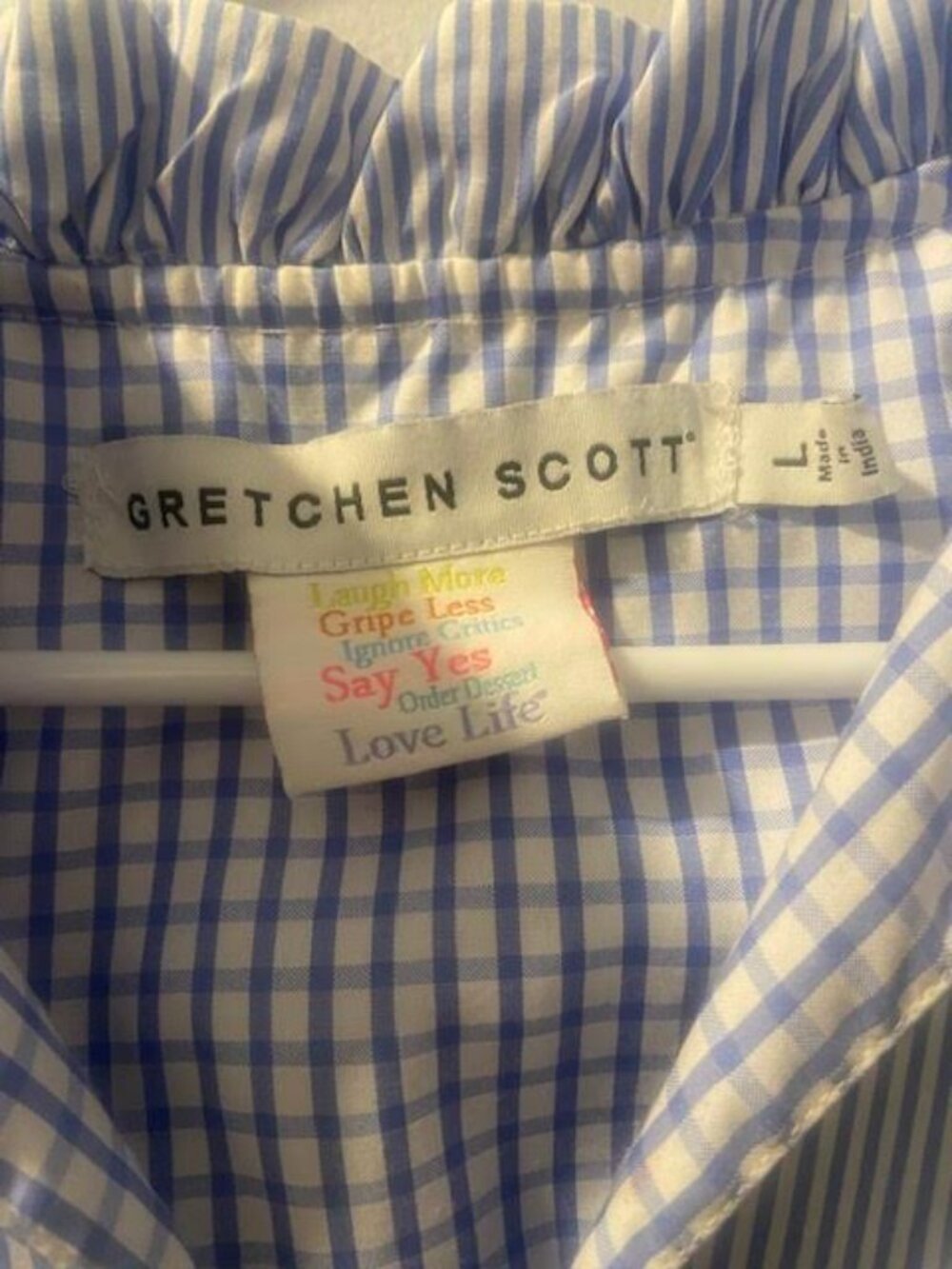Gretchen Scott Blue White Gingham Tiered Dress Ruffle Neck Size Large Made India - Picture 4 of 7